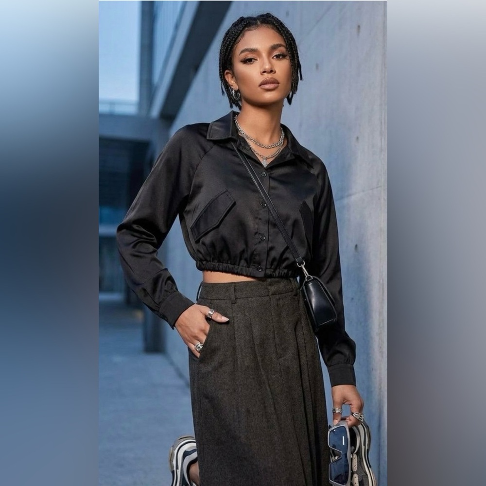 SHEIN Black Satin Cropped Drawstring Blouse Button Up Top